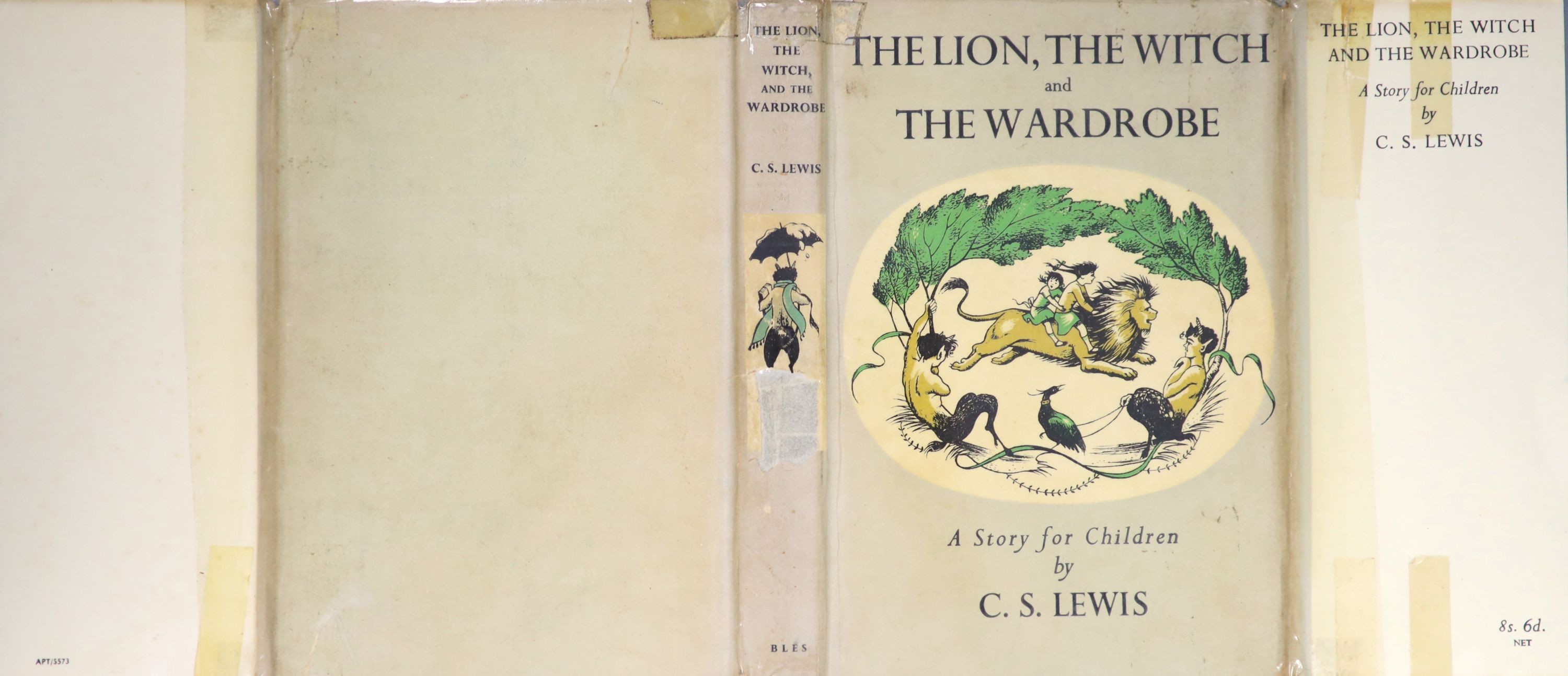 Lewis, Clive Staples - The Lion, the Witch and the Wardrobe,1st edition , 8vo, illustrated by Pauline Baynes, including a coloured frontis, original cloth with sunned spine, in unclipped, chipped, repaired d/j, Geoffrey